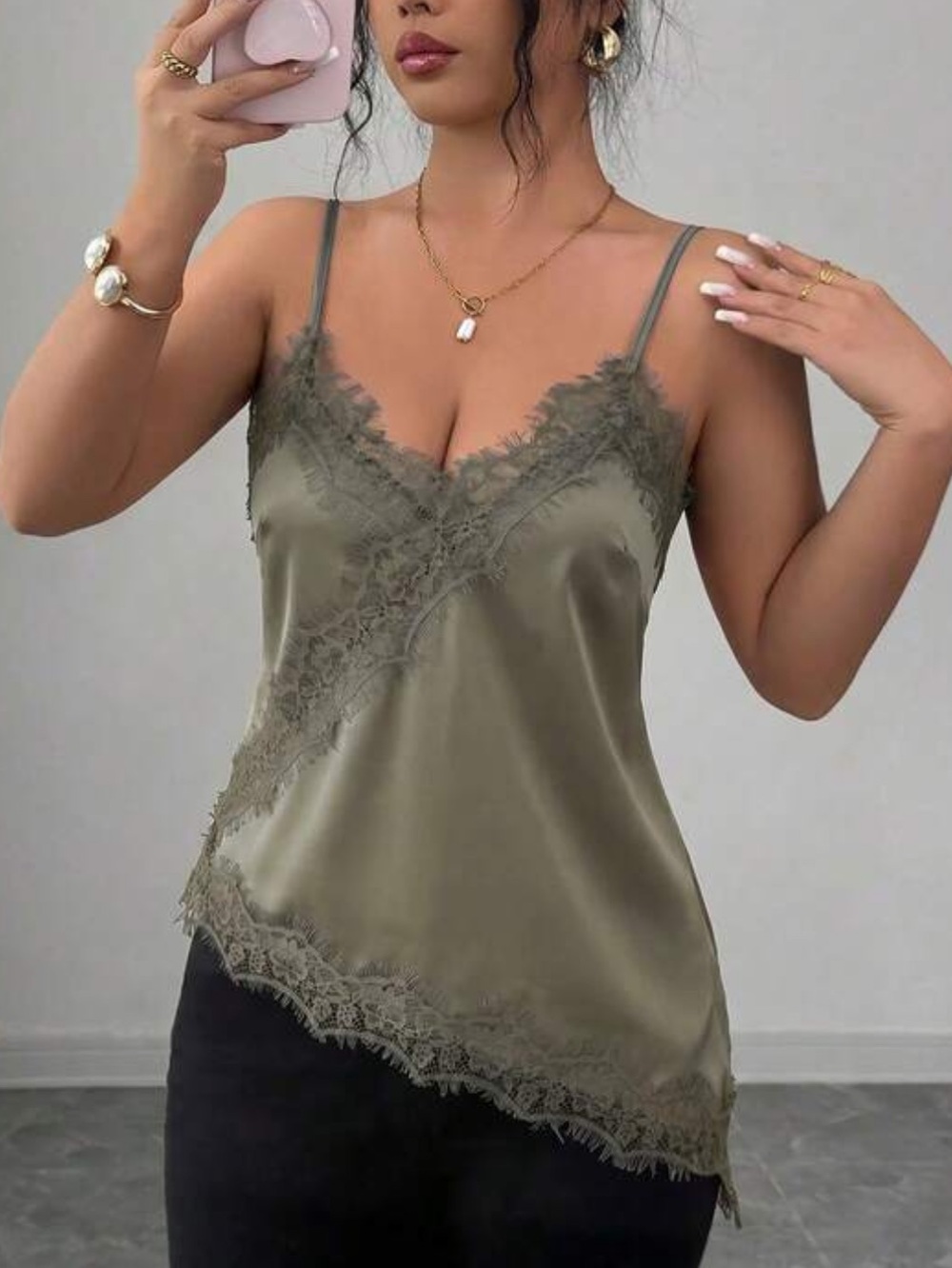 Lace Trim Satin Cami Top - Green